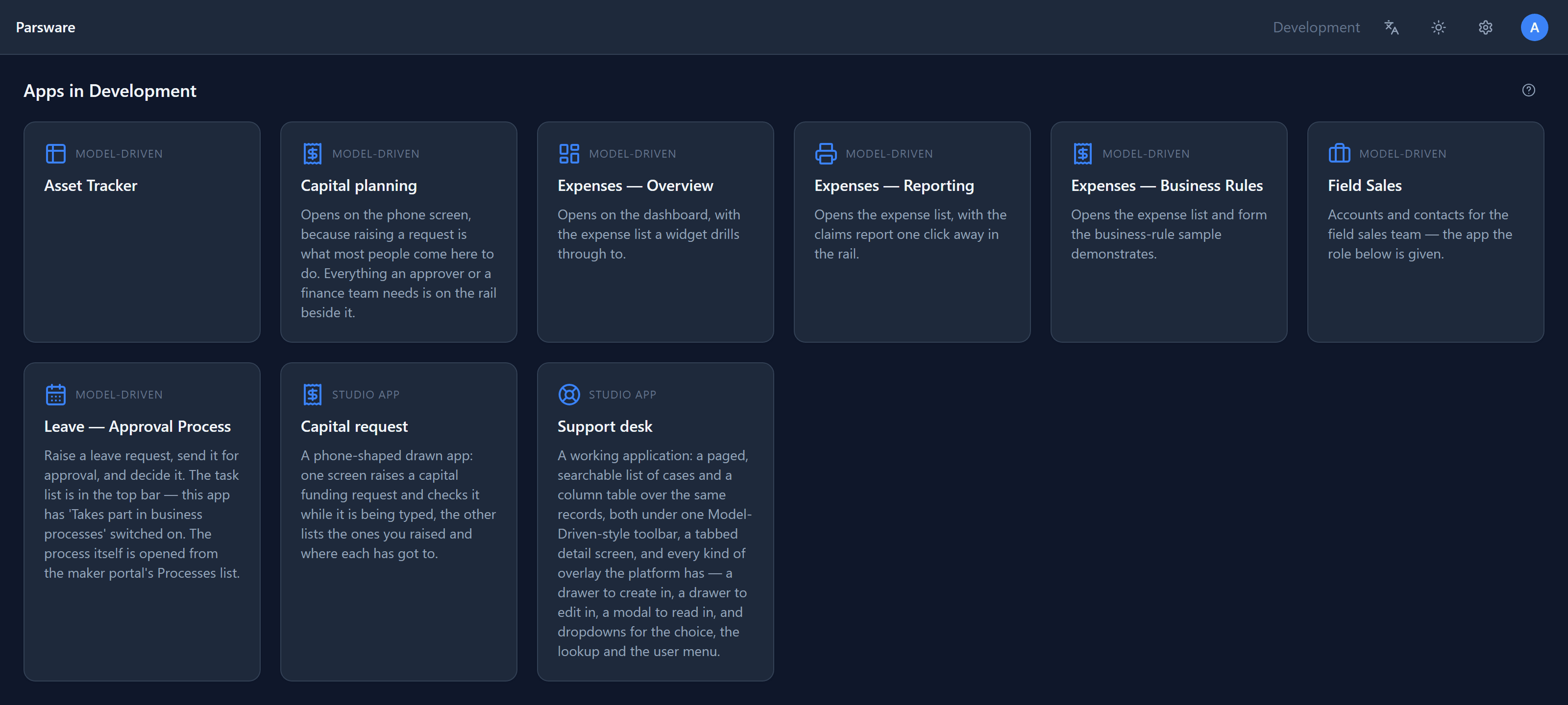 The Parsware apps list in dark mode, showing model-driven apps such as Capital planning, Asset Tracker and Leave Approval Process, and drawn Studio apps such as Capital request