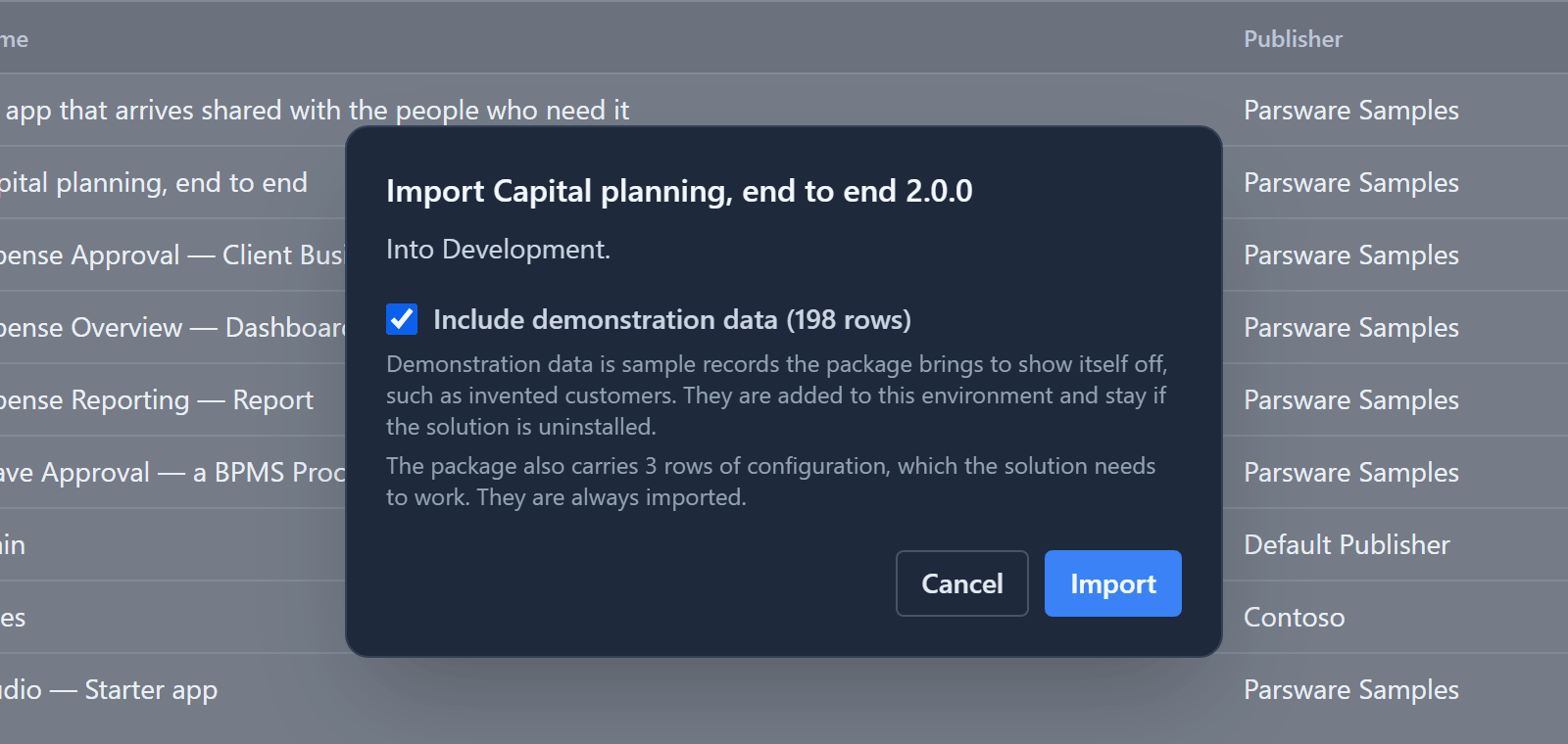 The import dialog for Capital planning, end to end 2.0.0, with Include demonstration data (198 rows) ticked