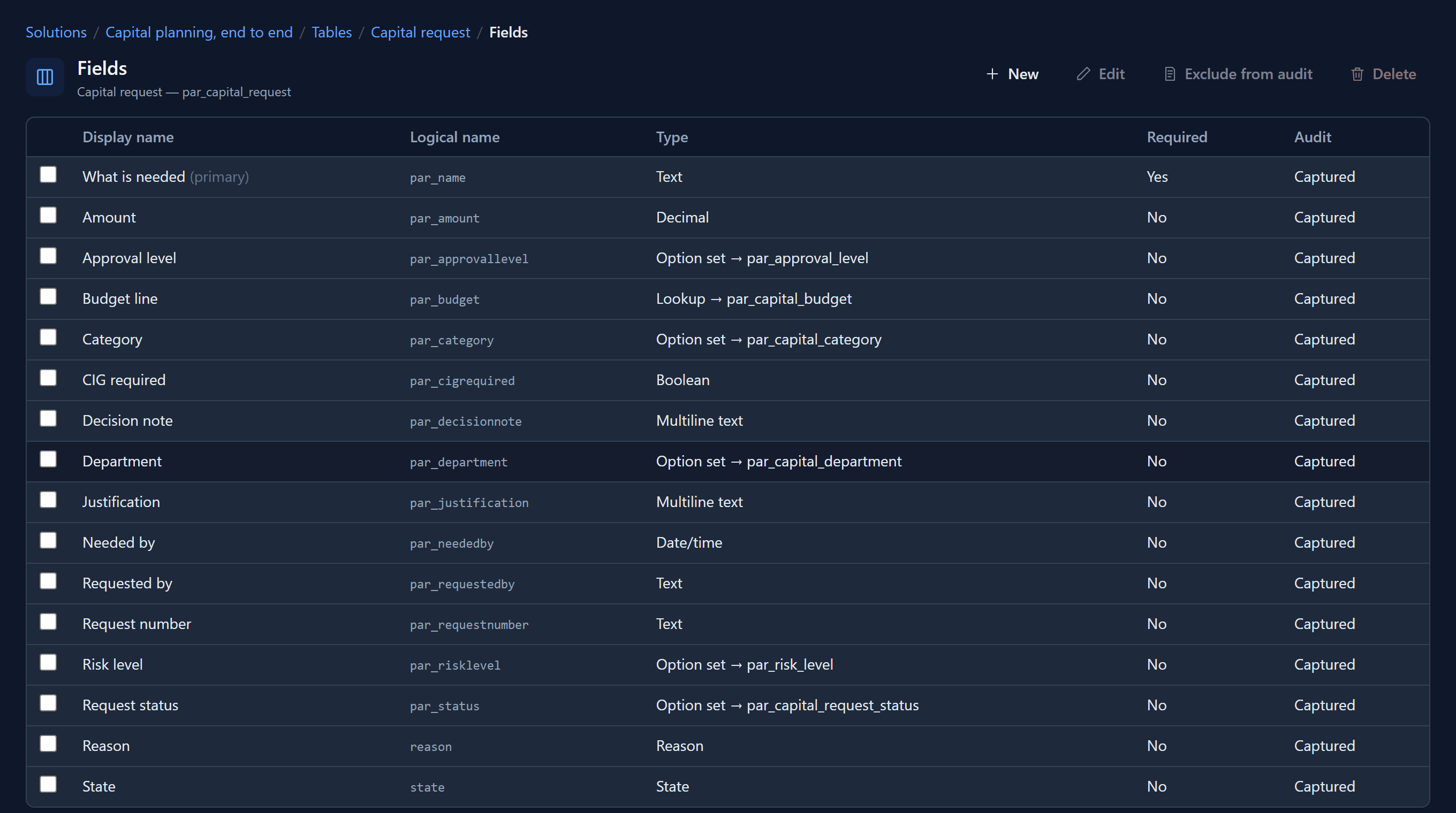 The fields of the Capital request table: text, decimal, option set, lookup to the budget table, yes/no, multiline text and date fields, each with its logical name