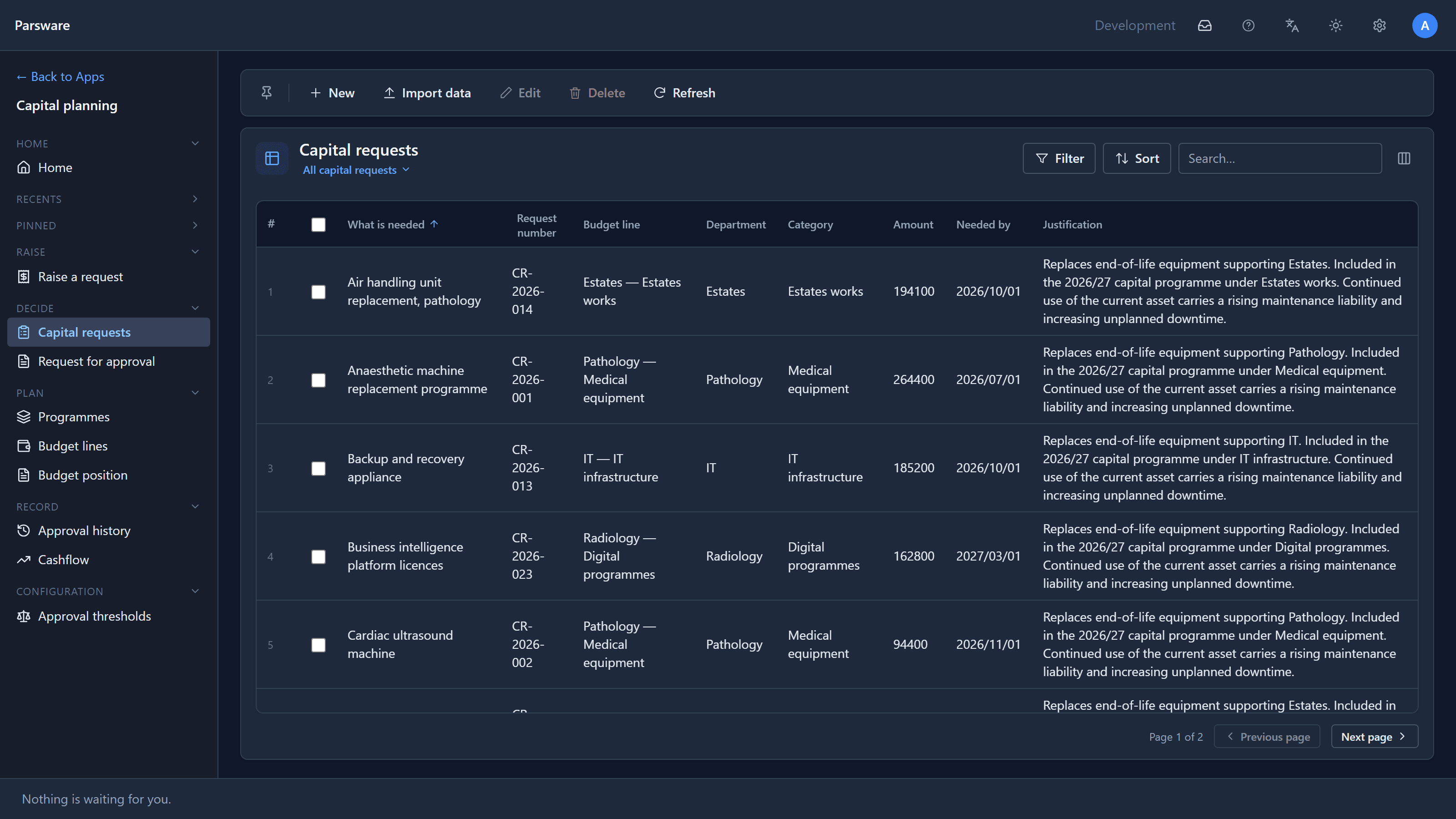 The Capital requests list in the Capital planning app, with columns for what is needed, request number, budget line, department, category, amount, needed by and justification