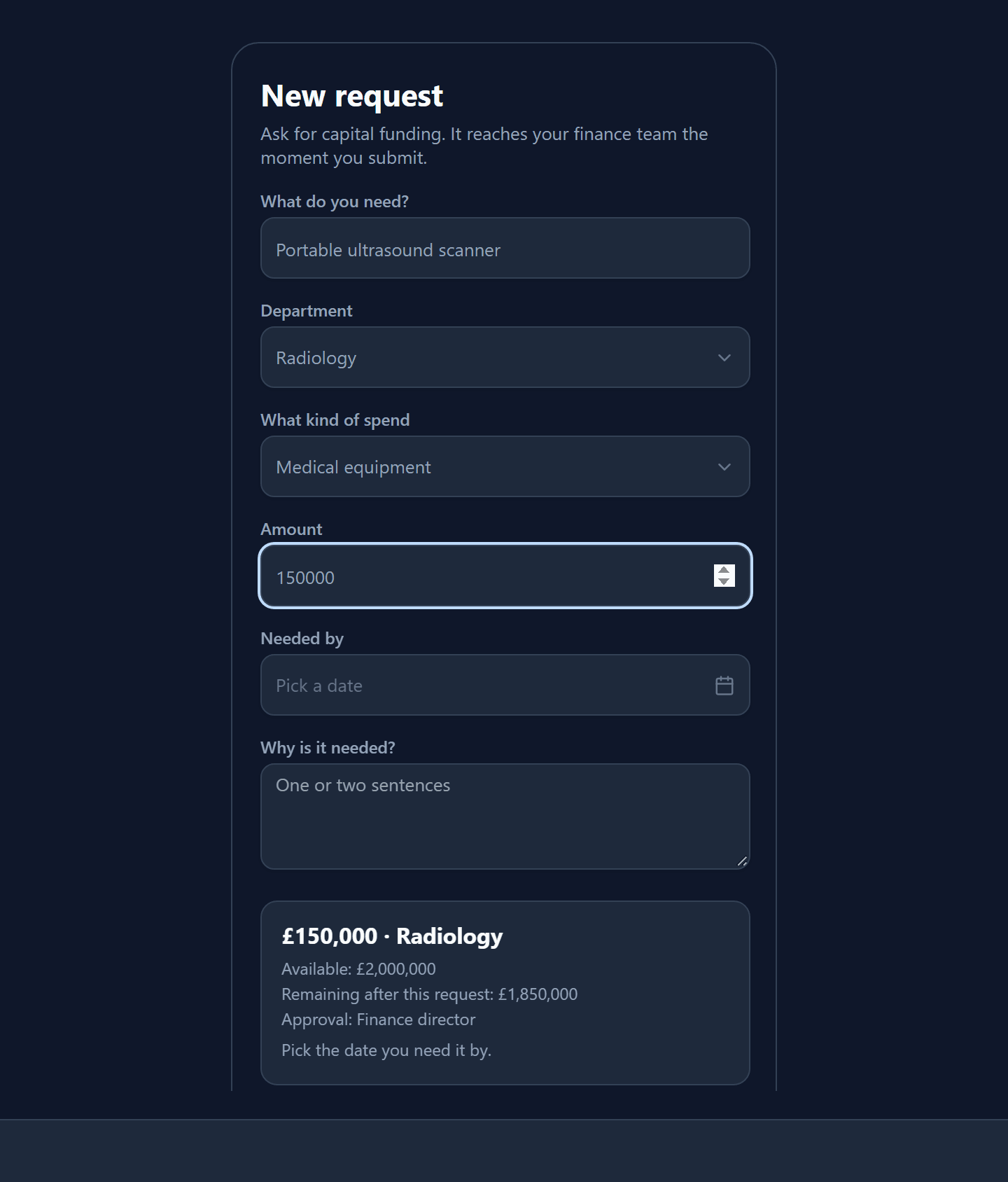 The New request phone screen for a portable ultrasound scanner in Radiology, Medical equipment, £150,000, with a panel reading Available £2,000,000, Remaining after this request £1,850,000, Approval: Finance director