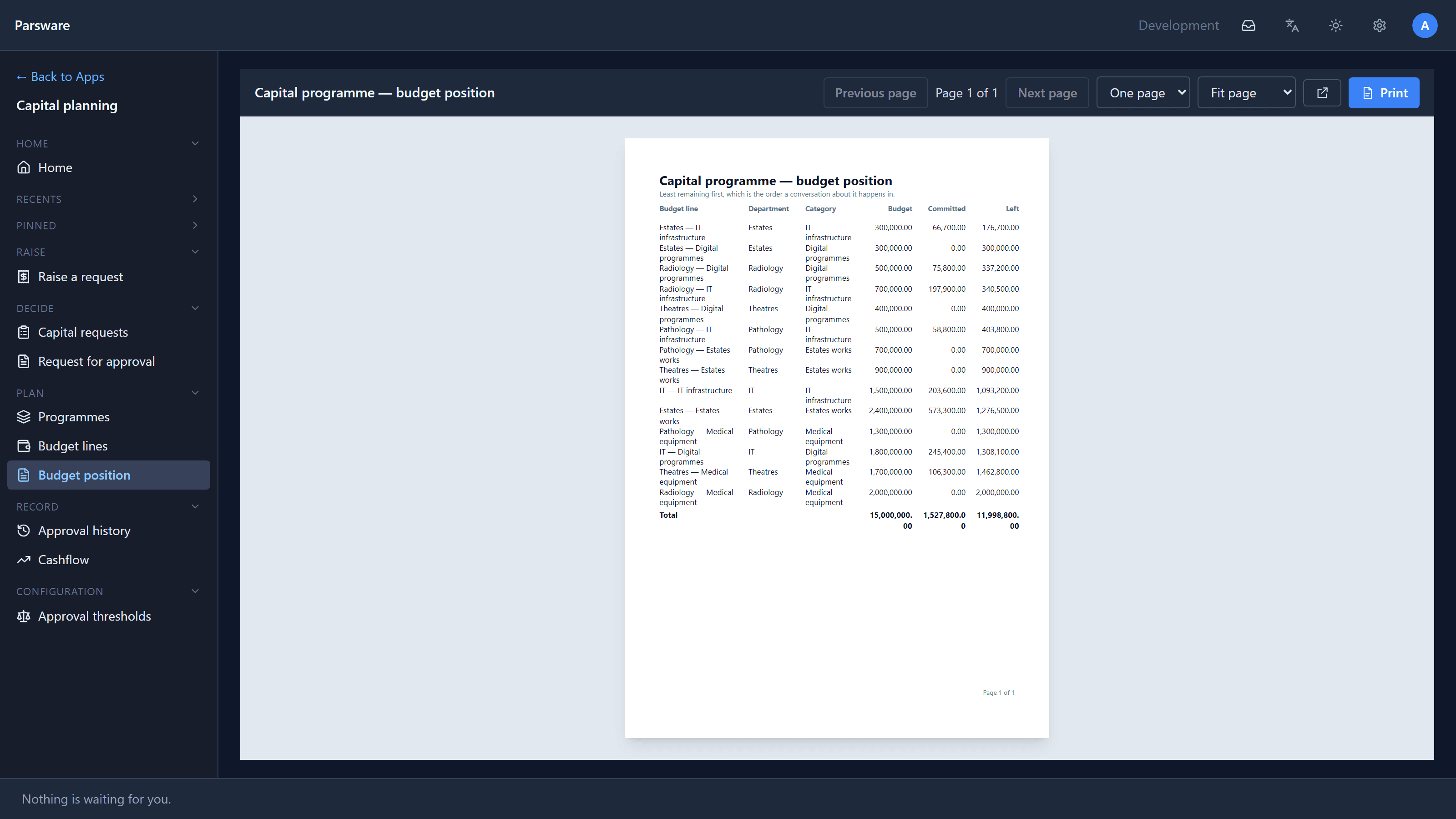 The Capital programme budget position report inside the Capital planning app, showing budget lines with their budget, committed and remaining amounts, and a Print button