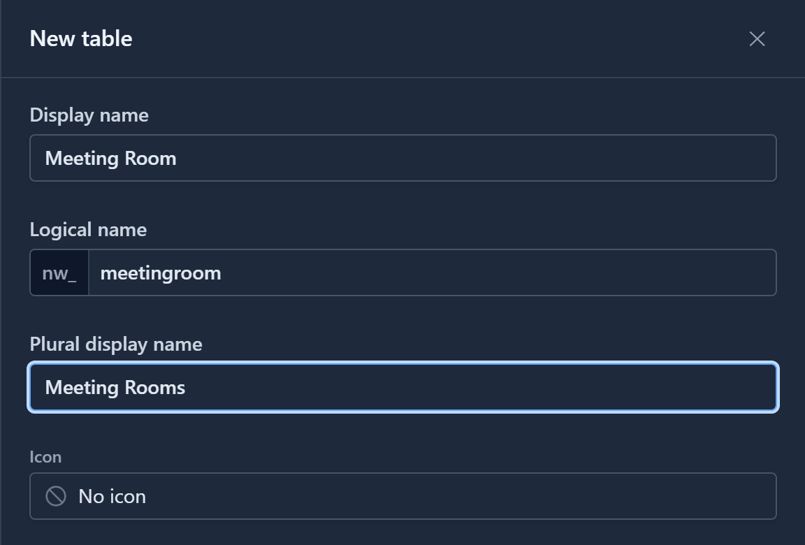 The New table drawer: display name Meeting Room, logical name nw_meetingroom with the nw_ prefix shown in front, plural Meeting Rooms