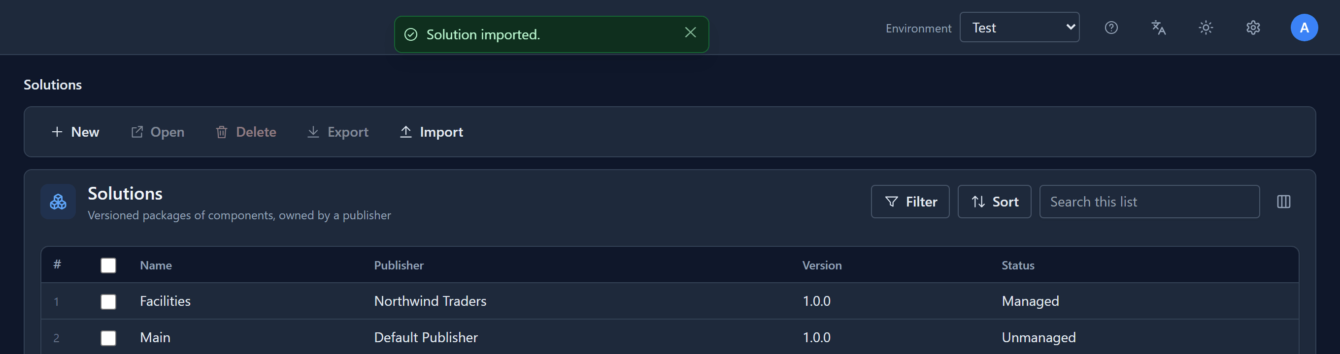 The Solutions list in the Test environment after the import: Facilities from Northwind Traders, version 1.0.0, Managed