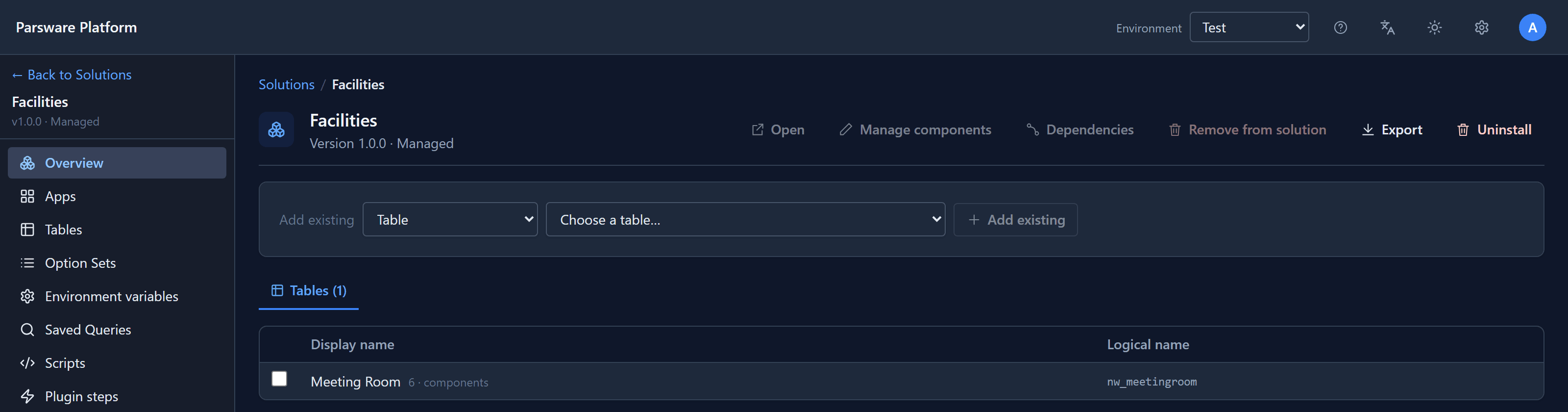 The managed Facilities solution open in Test: Version 1.0.0 · Managed, the Meeting Room table nw_meetingroom, and Uninstall on the command bar