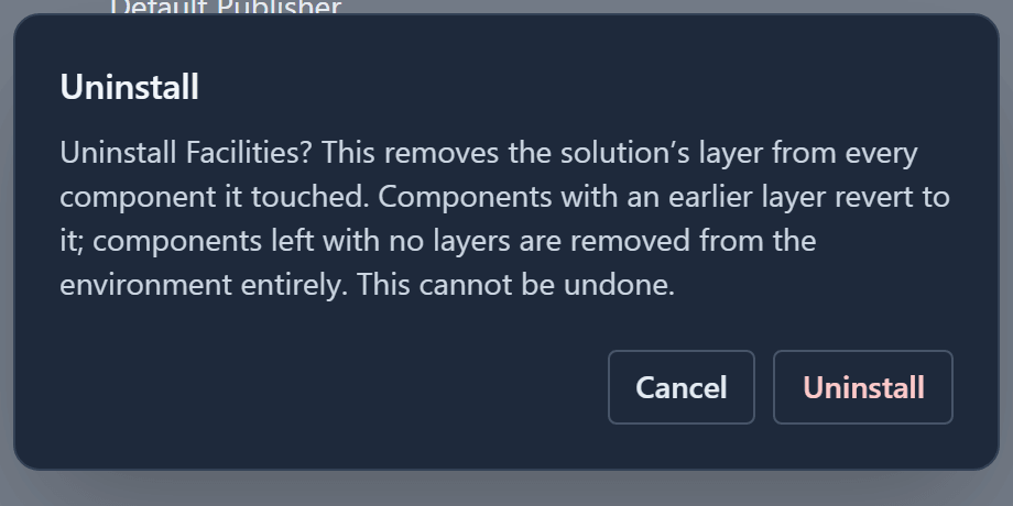 The Uninstall confirmation: this removes the solution's layer from every component it touched; components with an earlier layer revert to it, components left with no layers are removed from the environment