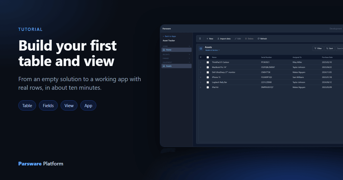 A Parsware app called Asset Tracker in dark mode, listing six assets with their serial numbers, the people they are assigned to, purchase dates and costs, next to the title "Build your first table and view"