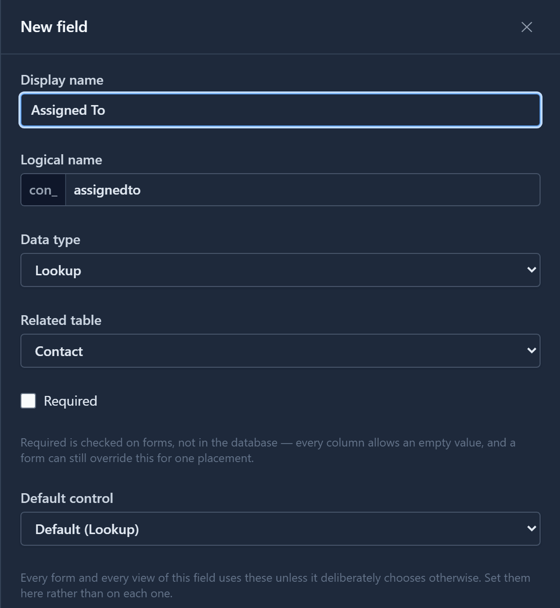 The New field drawer for Assigned To: data type Lookup, related table Contact