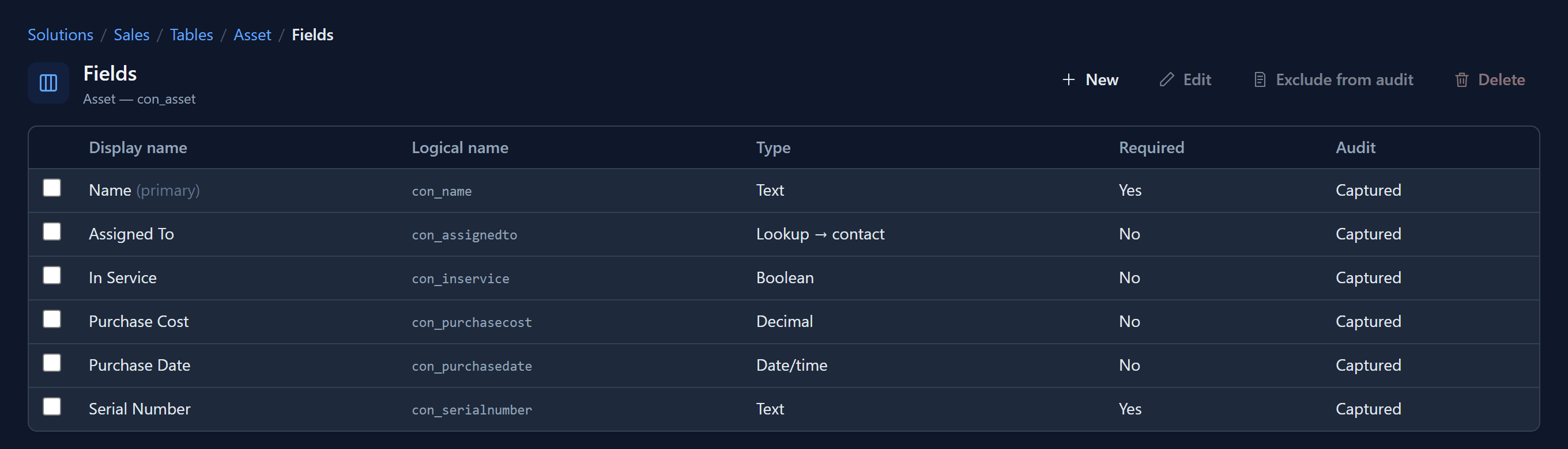 The Fields page listing Name, Assigned To (Lookup to contact), In Service, Purchase Cost, Purchase Date and Serial Number