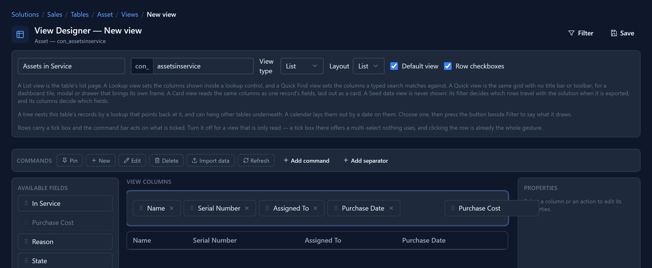 The View Designer with Name, Serial Number, Assigned To and Purchase Date already in View columns, and Purchase Cost being dragged in