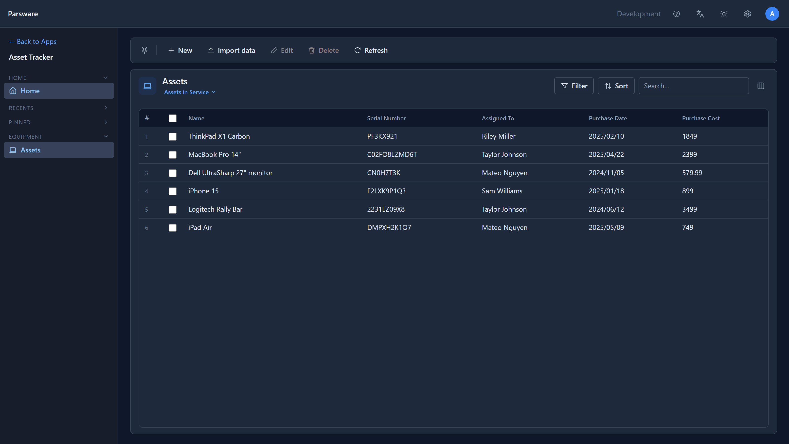 The Asset Tracker app showing the Assets in Service view: six rows with name, serial number, assigned contact, purchase date and purchase cost