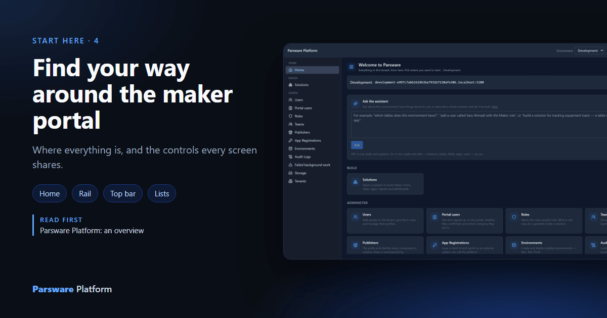 The Parsware maker portal's Home screen in dark mode, next to the title "Find your way around the maker portal"