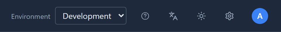The top bar: the Environment picker set to Development, then Help, Language, the light and dark switch, Appearance settings, and the user menu