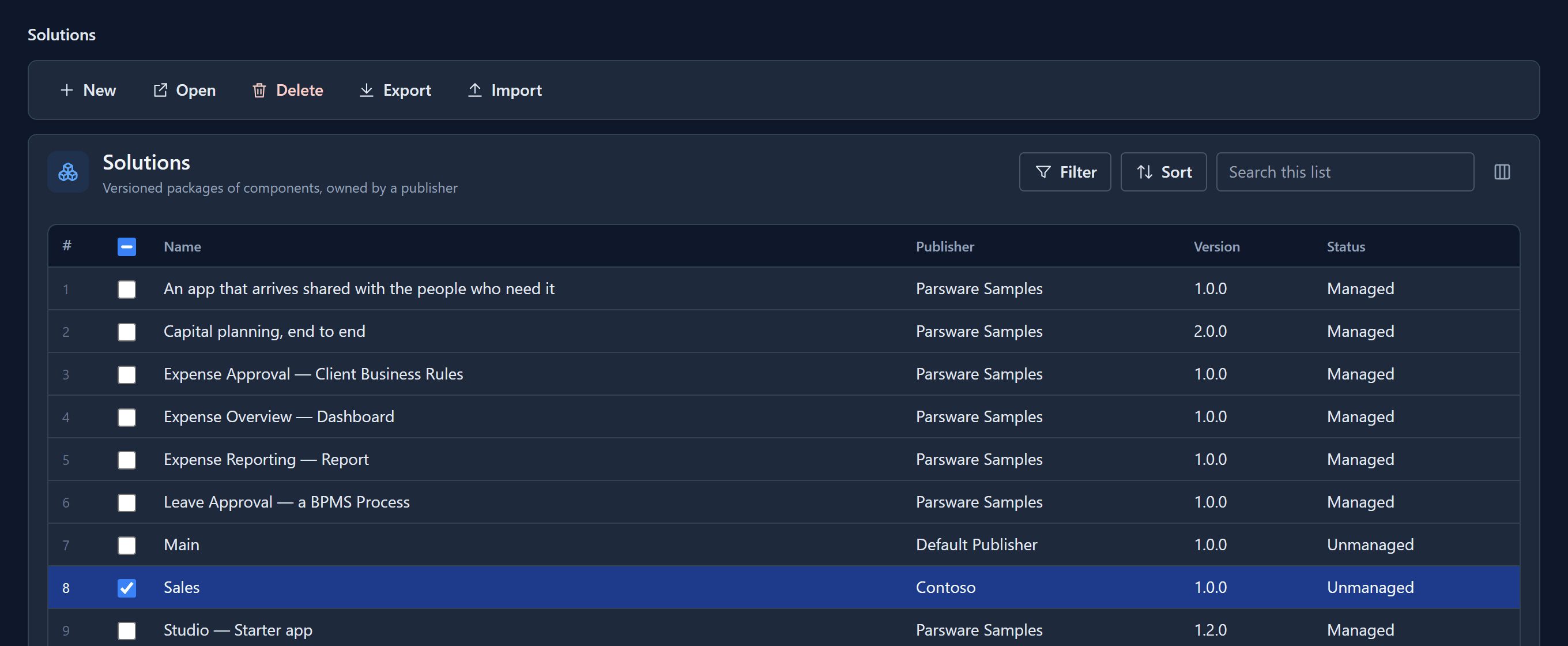 The Solutions list with the Sales row selected: the command bar with New, Open, Delete, Export and Import; Filter, Sort, a search box and a column chooser on the right