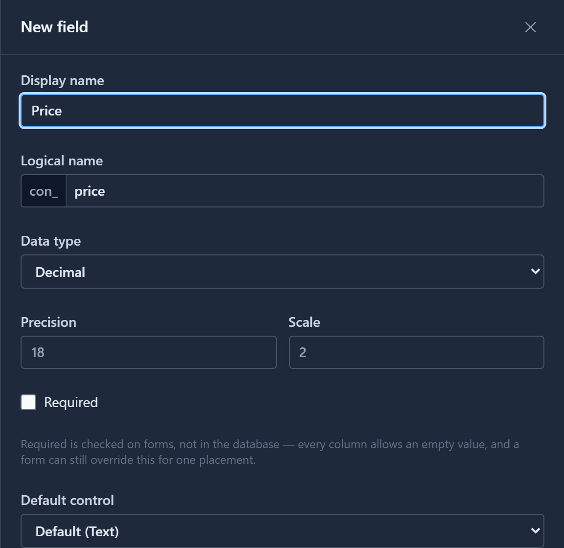The New field drawer for Price: data type Decimal, with Precision and Scale
