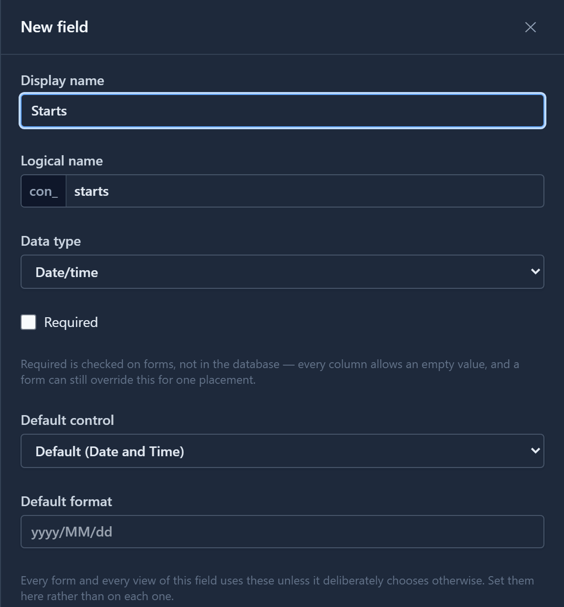 The New field drawer for Starts: data type Date/time, with Default control and Default format