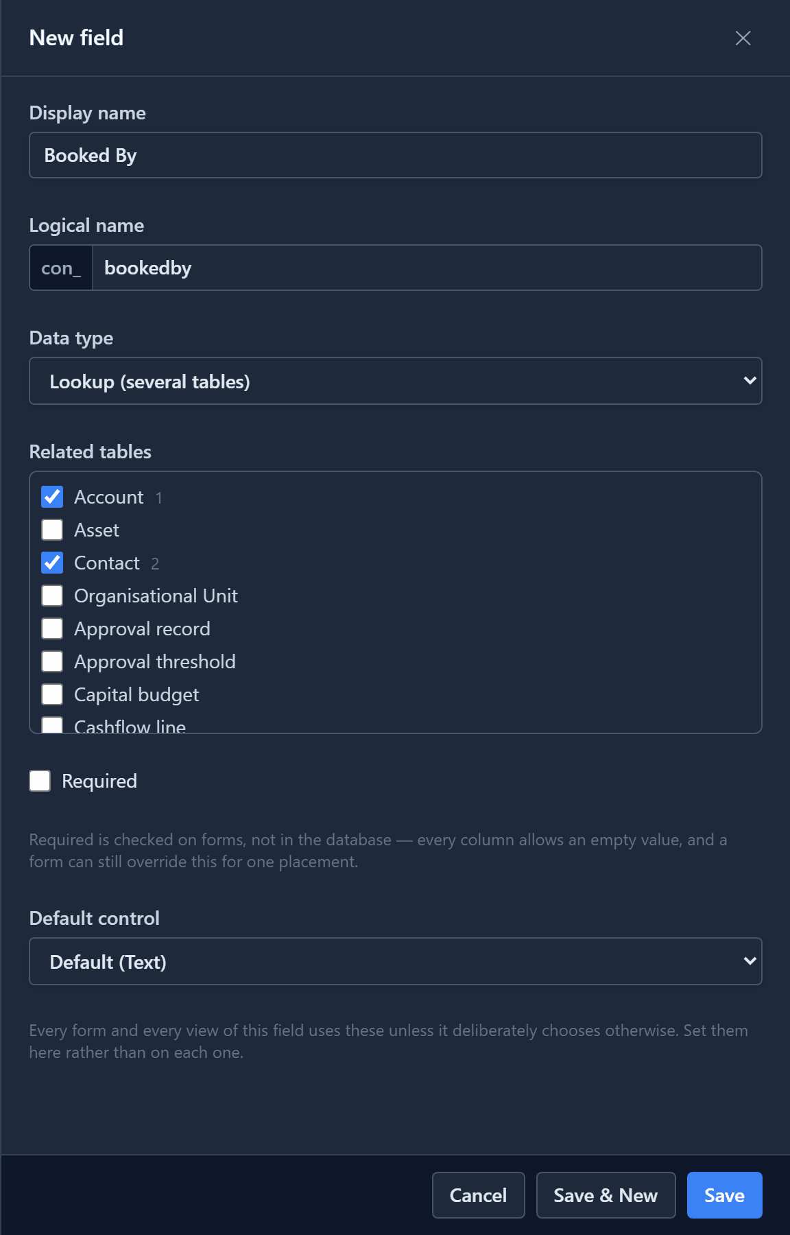The New field drawer for Booked By: data type Lookup (several tables), with Account and Contact ticked