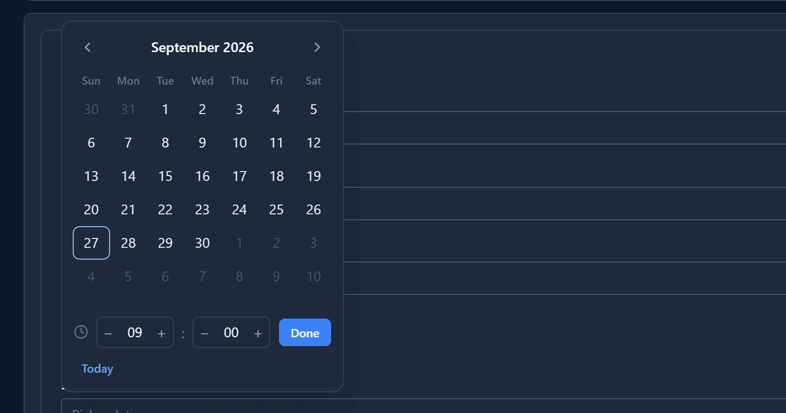 A date picker open on September 2026, with hour and minute below and a Done button