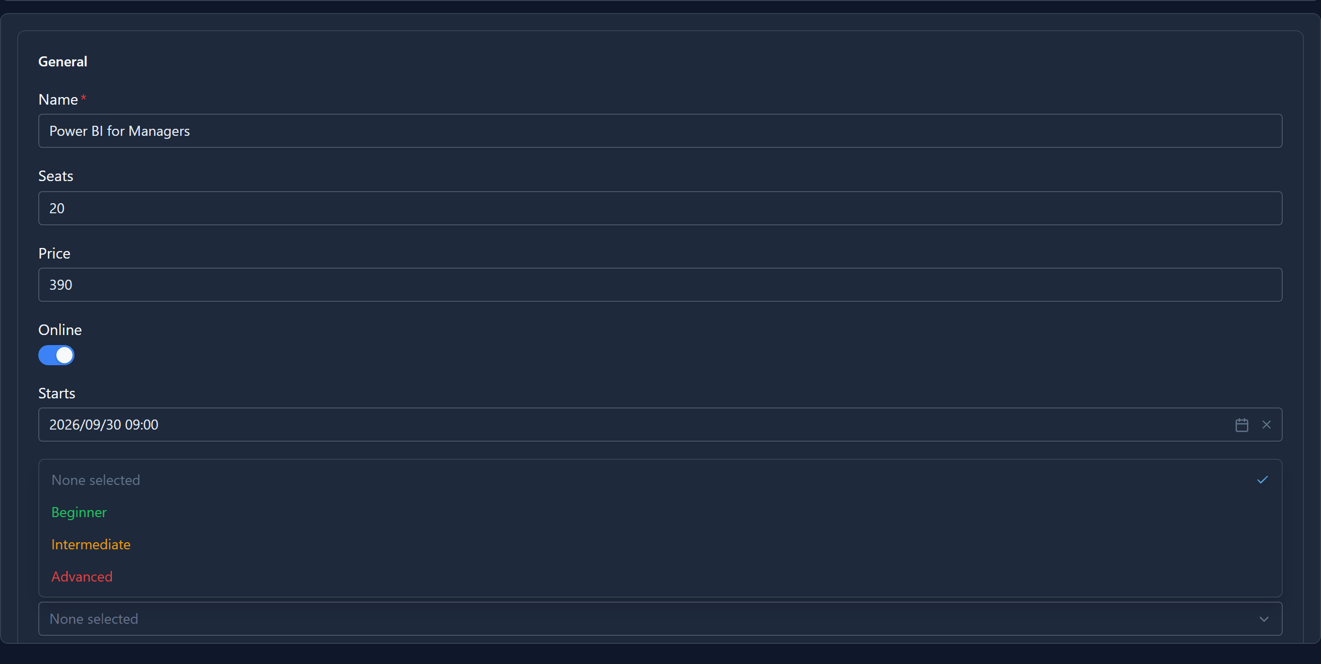 The Level dropdown open on a form, offering None selected, Beginner, Intermediate and Advanced