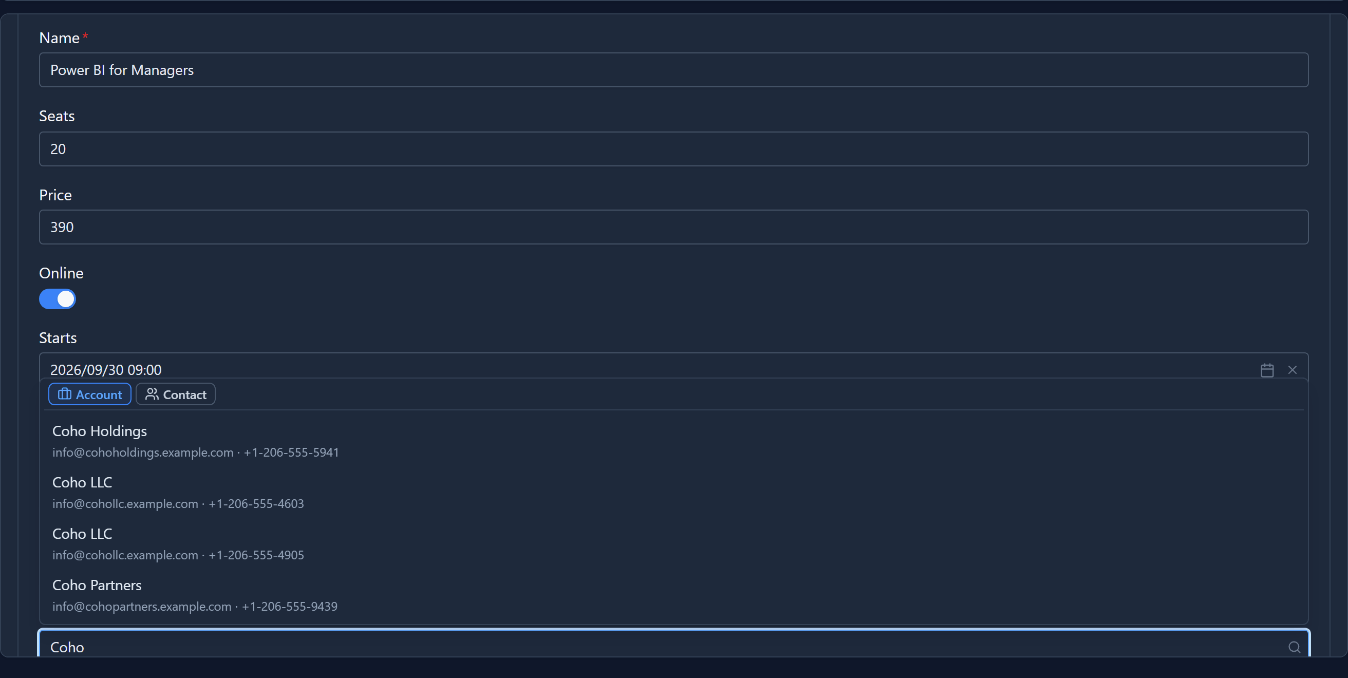 The Booked By search on a form, with Account and Contact tabs, listing accounts that match Coho