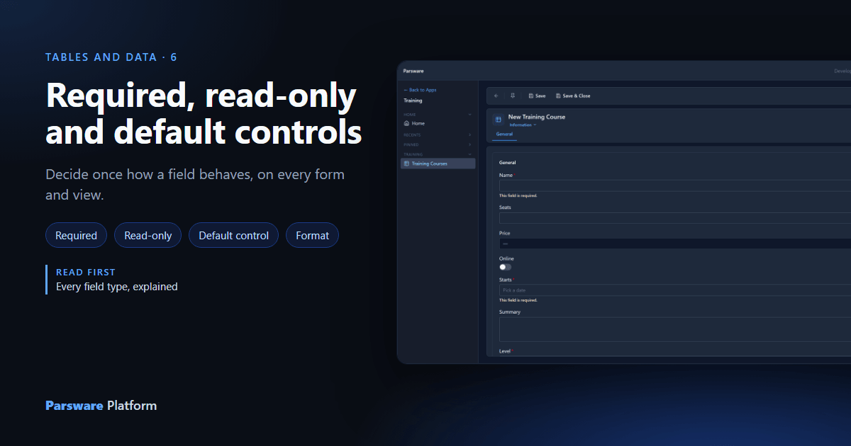 A new Training Course form in dark mode with red stars and "This field is required." under Name and Starts, next to the title "Required, read-only and default controls"