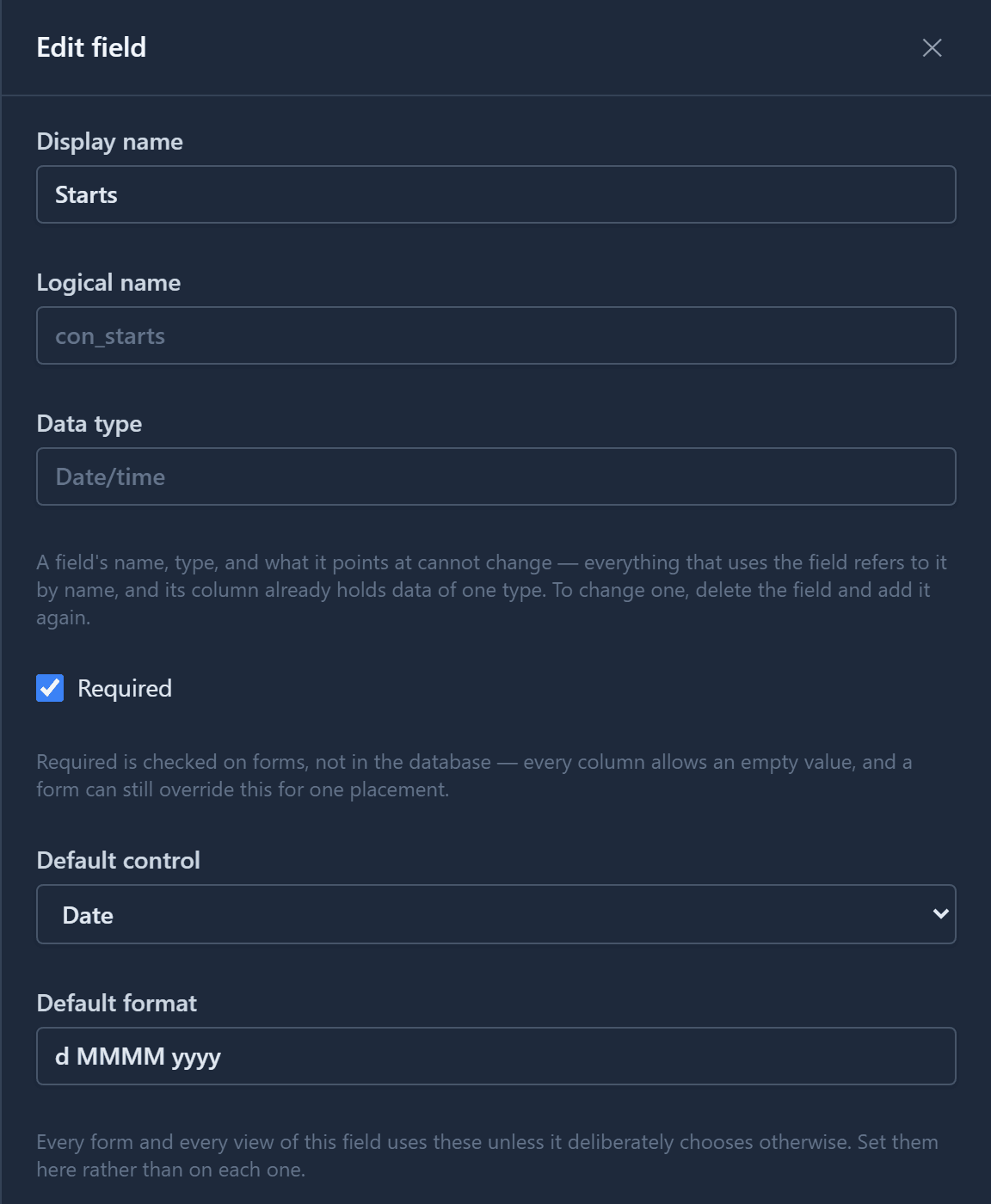 The Edit field drawer for Starts: Required ticked, Default control set to Date, Default format d MMMM yyyy