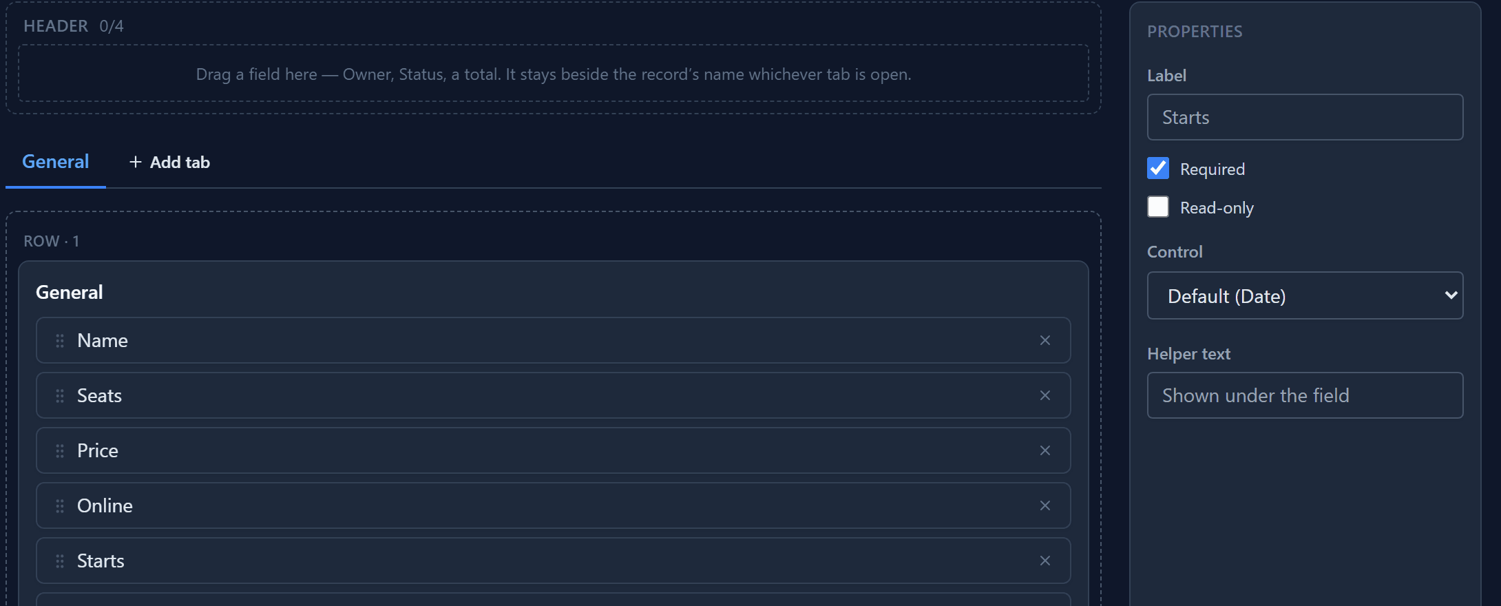The Form Designer with Starts selected: Required ticked, Read-only unticked, Control set to Default (Date)