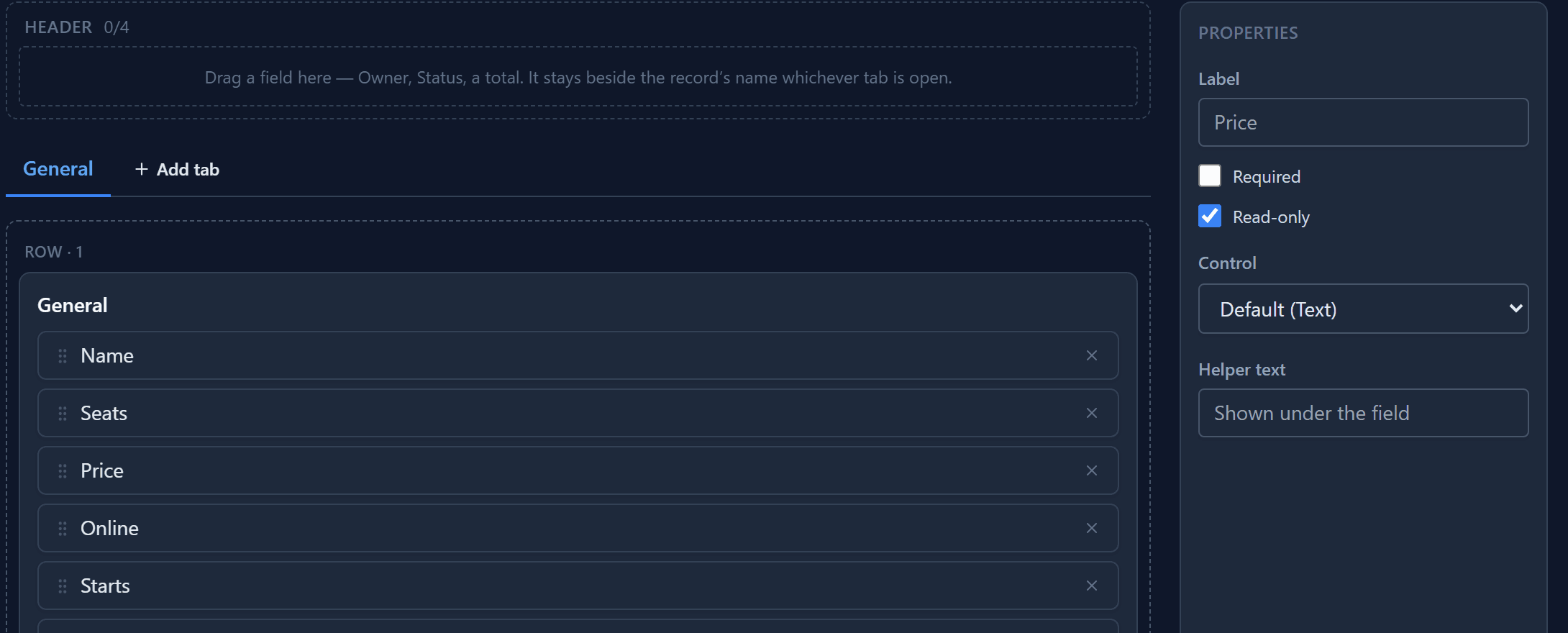 The Form Designer with Price selected and Read-only ticked