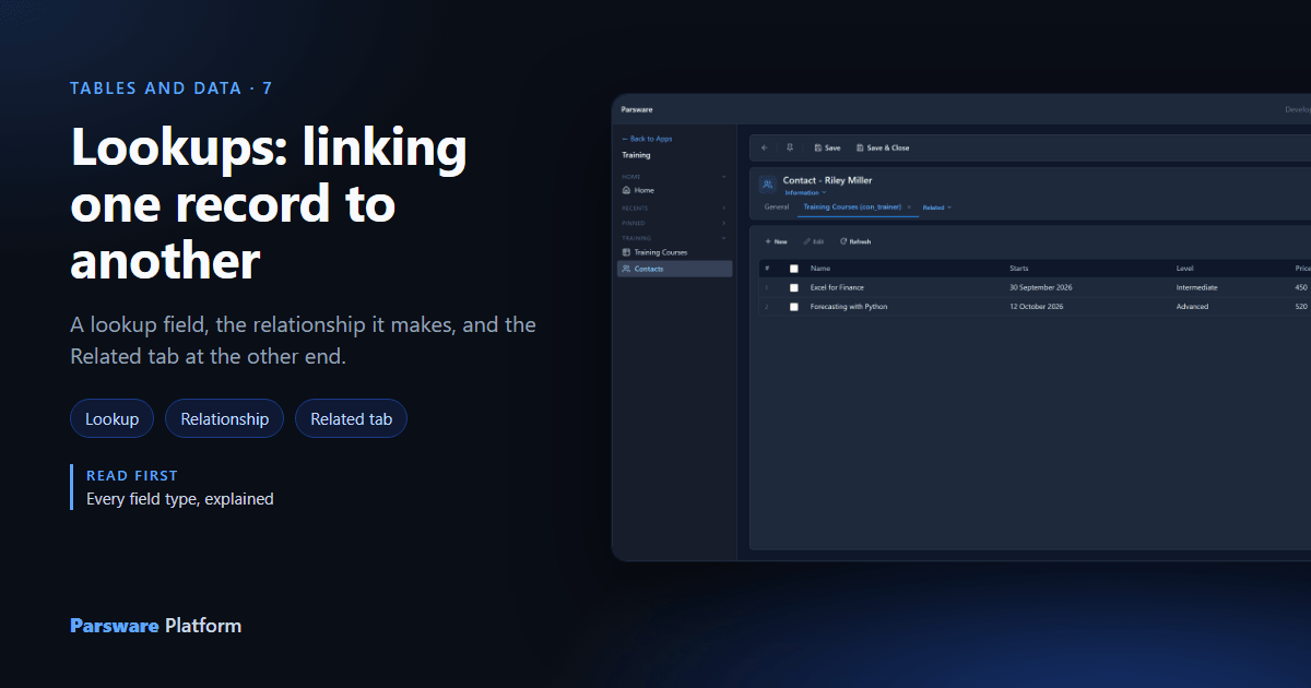 A contact's record in dark mode with a Training Courses tab listing the two courses they teach, next to the title "Lookups: linking one record to another"