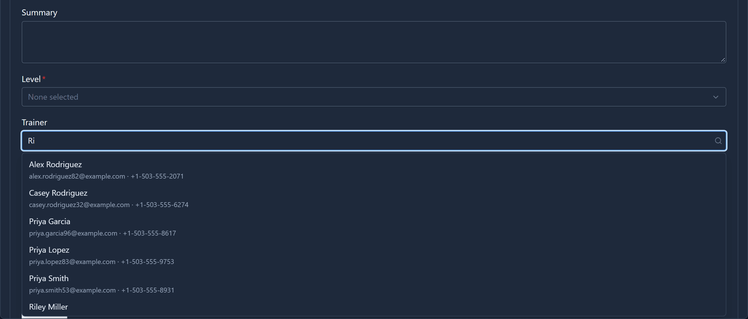The Trainer field on a new course, with Ri typed and a list of matching contacts, each with an email and phone number underneath