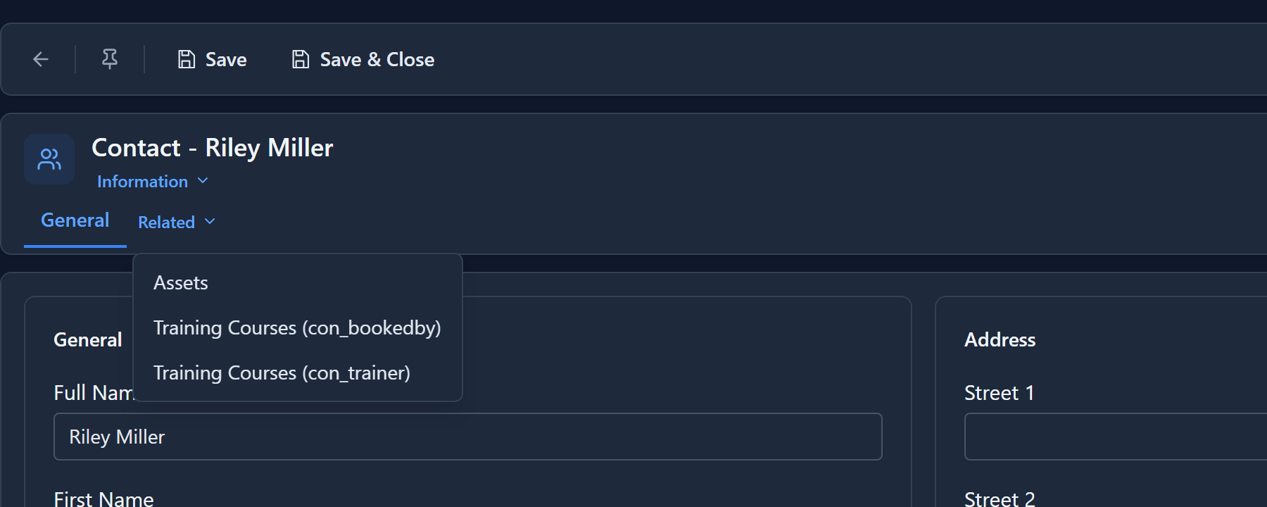 Riley Miller's contact record with the Related menu open: Assets, Training Courses (con_bookedby) and Training Courses (con_trainer)
