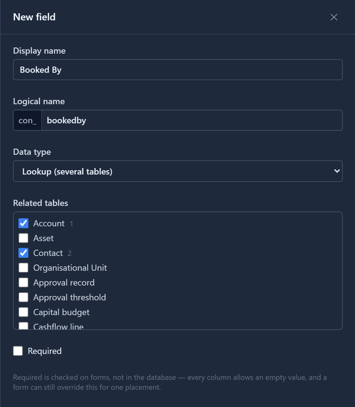 The New field drawer: display name Booked By, data type Lookup (several tables), with Account and Contact ticked and numbered 1 and 2 in a list of the environment's tables