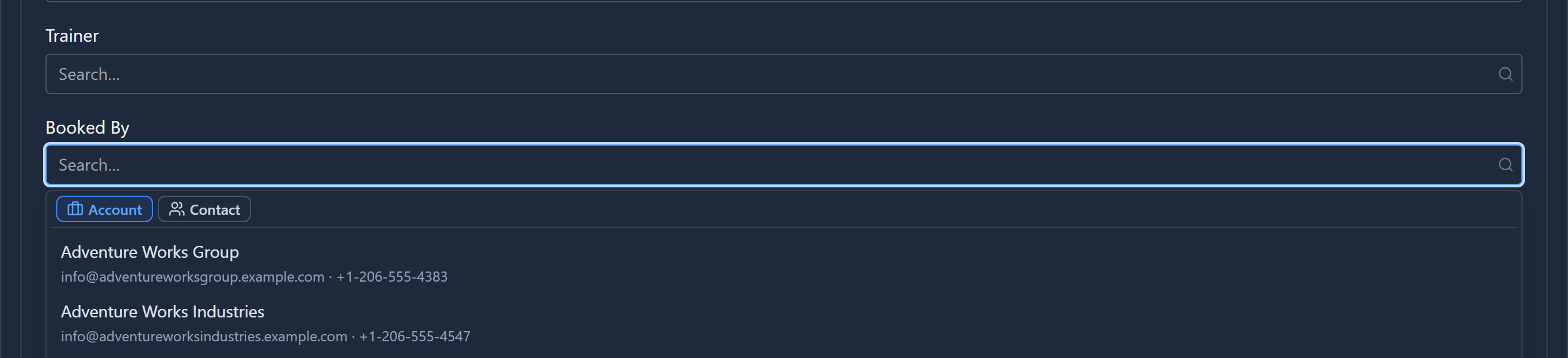 The Booked By field open on a new course, with Account and Contact tabs and a list of accounts underneath