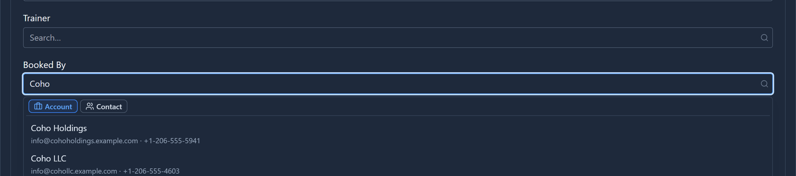 Booked By with Coho typed, the Account tab selected, and Coho Holdings and Coho LLC listed
