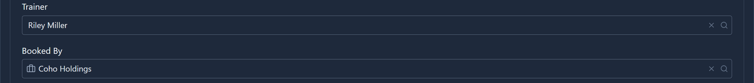 Trainer showing Riley Miller, and Booked By showing Coho Holdings with a building icon