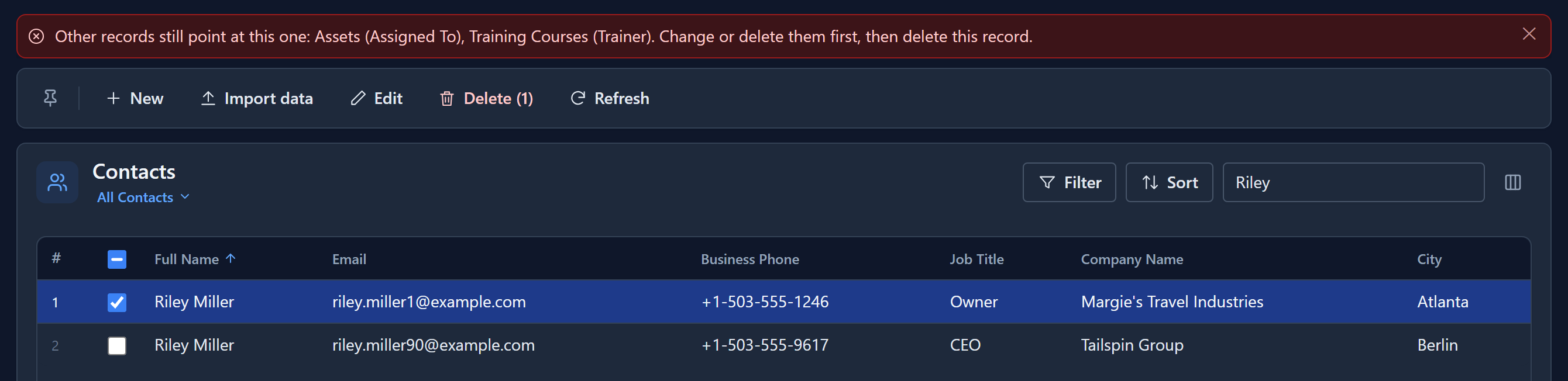 The Contacts list with Riley Miller selected, and a red message that reads: Other records still point at this one: Assets (Assigned To), Training Courses (Trainer). Change or delete them first, then delete this record.