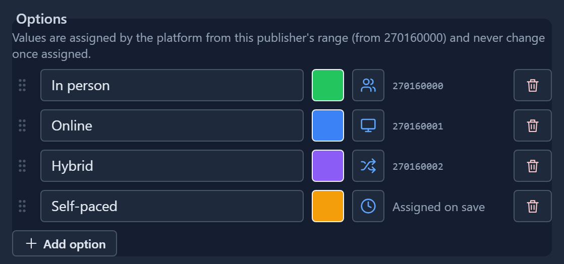 The Options part of the Delivery mode set: In person in green with a people icon and the value 270160000, Online in blue with a monitor icon and 270160001, Hybrid in purple with a shuffle icon and 270160002, and a new Self-paced option in amber with a clock icon, marked Assigned on save