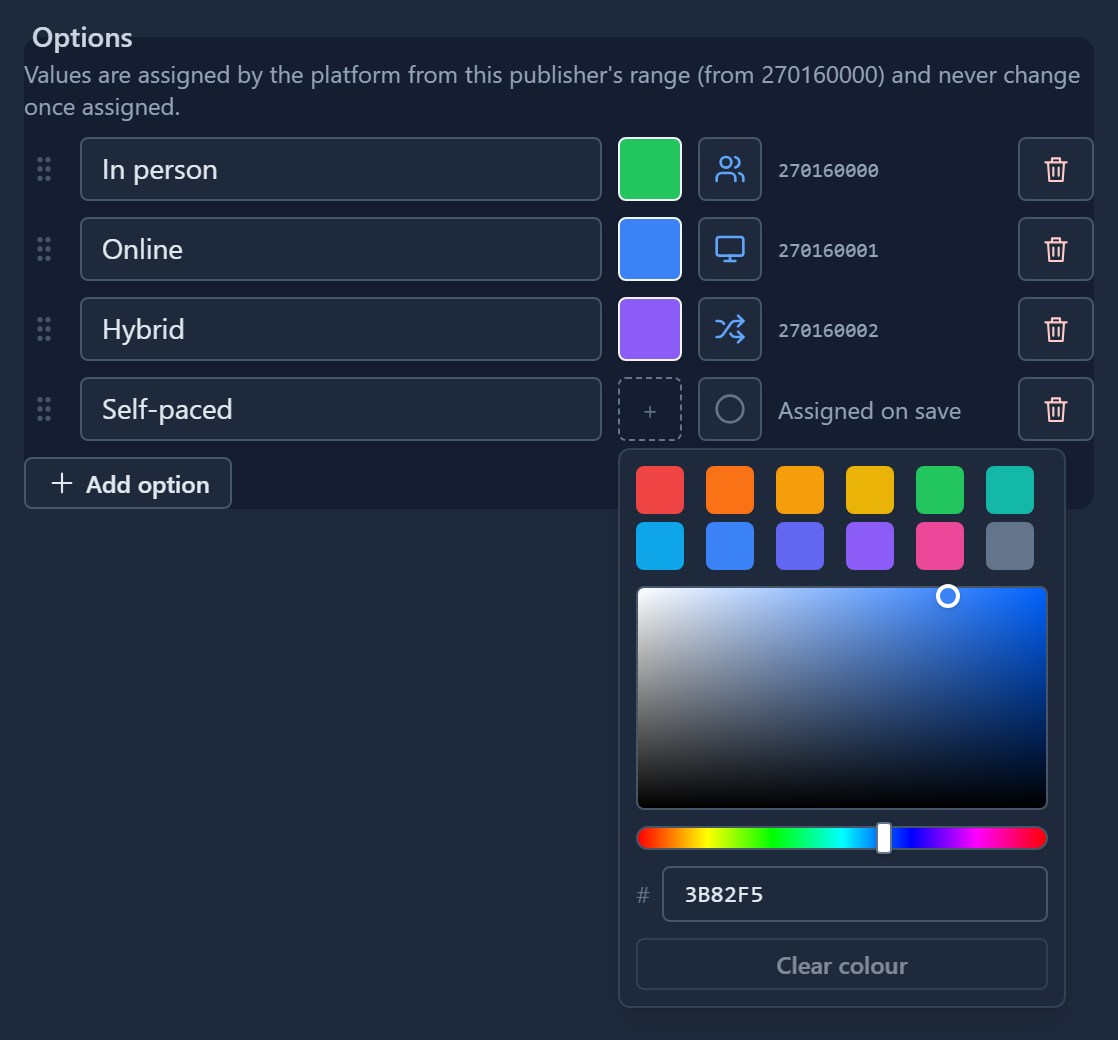 The colour panel open under the Self-paced option: twelve colour swatches, a shade square, a hue strip, a hex box reading 3B82F5, and a Clear colour button