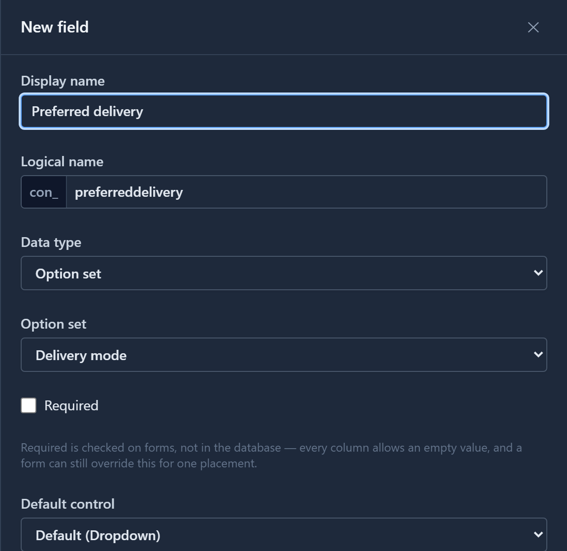 The New field drawer on Contact: display name Preferred delivery, logical name con_preferreddelivery, data type Option set, option set Delivery mode