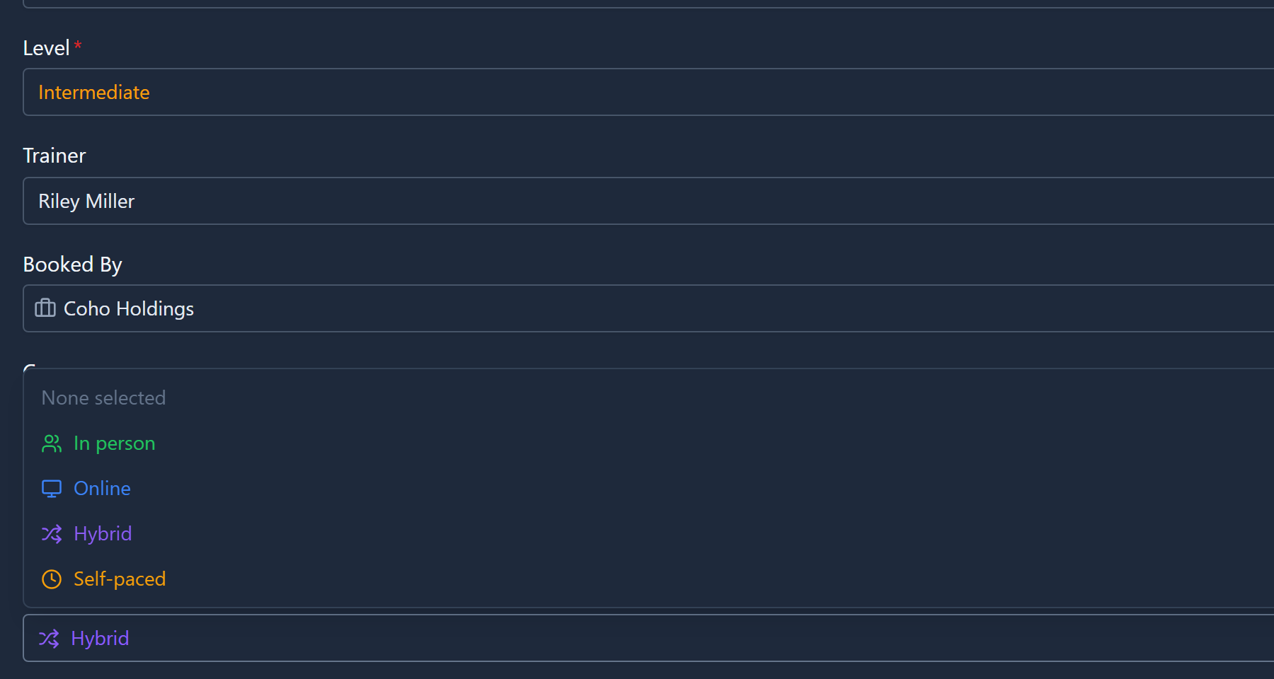 A course form: Level shows Intermediate in amber, and the Delivery dropdown is open, listing None selected, In person, Online, Hybrid and Self-paced in their colours with their icons, over a field that reads Hybrid