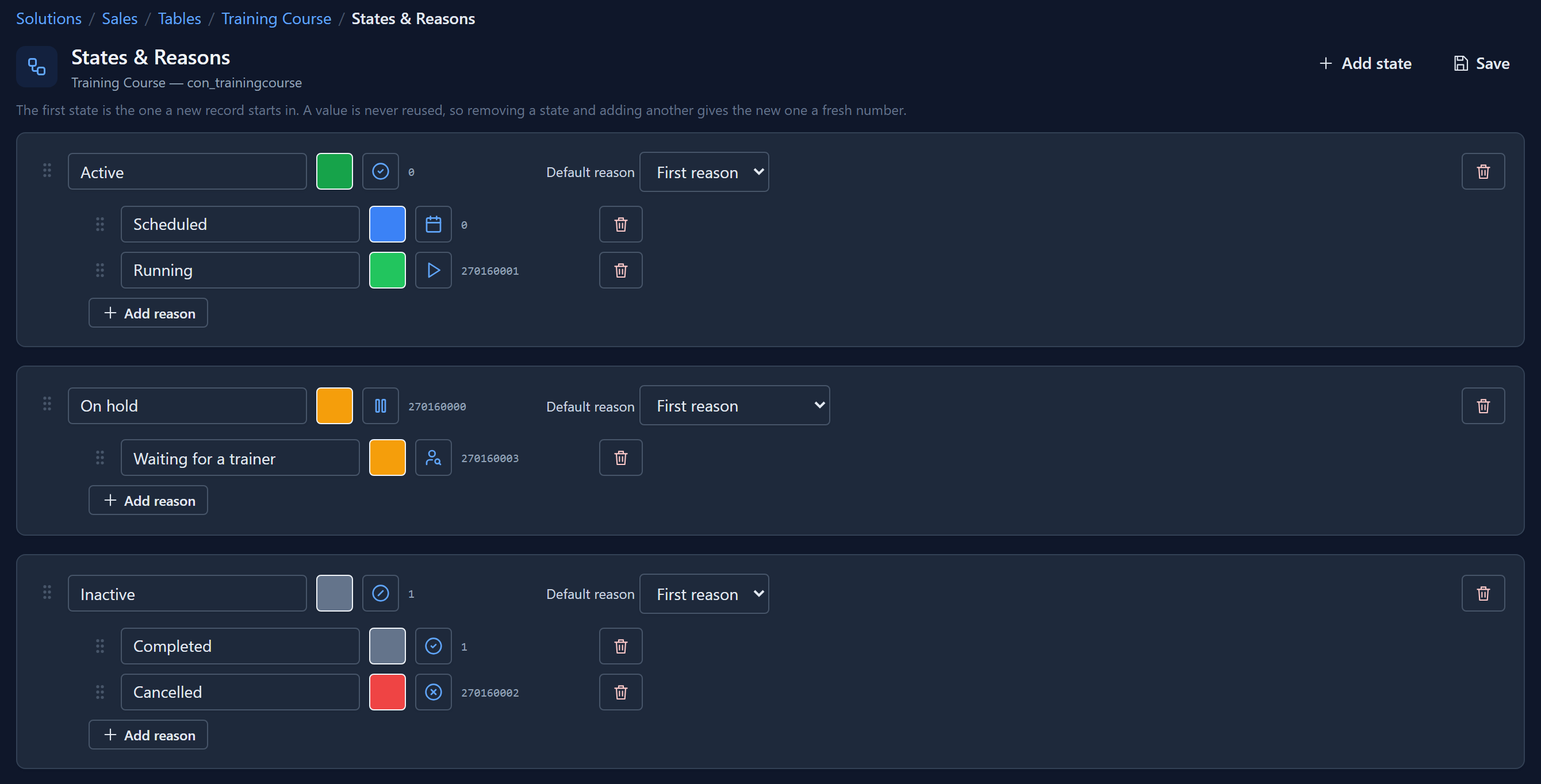 The States & Reasons page for Training Course: Active in green with reasons Scheduled (blue, calendar icon, value 0) and Running (green, play icon, 270160001); On hold in amber with value 270160000 and reason Waiting for a trainer (270160003); Inactive in grey with reasons Completed (1) and Cancelled in red (270160002)