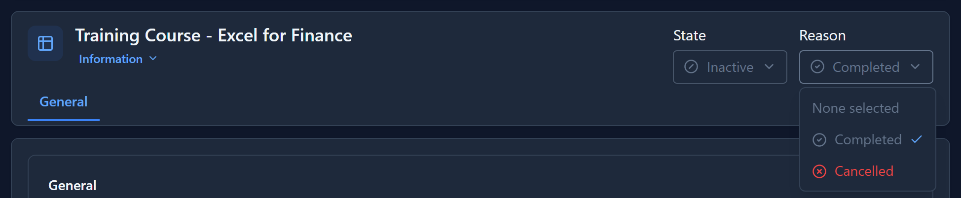 The same header after choosing Inactive: Reason shows Completed, and its list offers only Completed and Cancelled, Cancelled in red