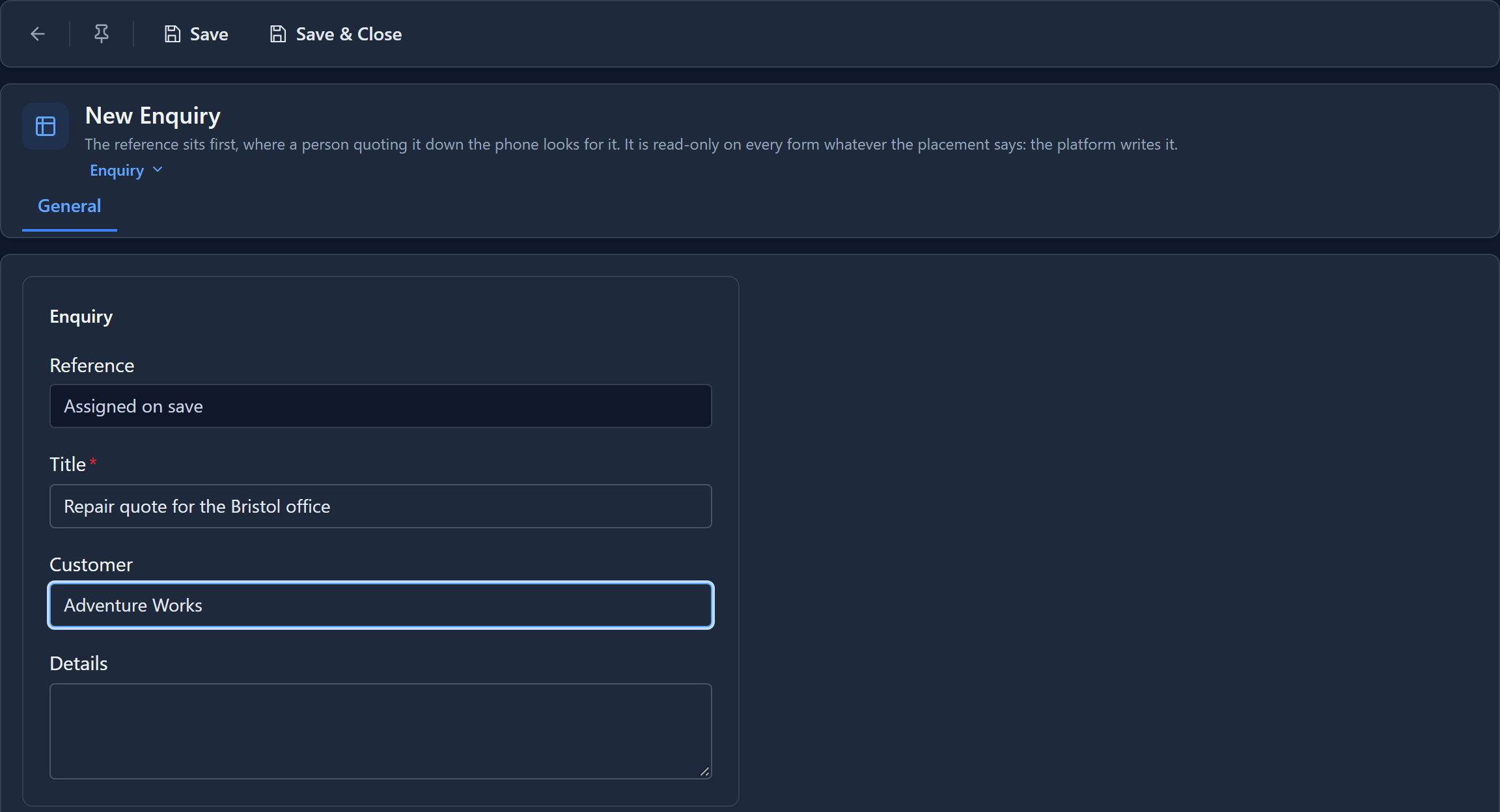 A new enquiry: Reference reads Assigned on save, above Title, Customer and Details