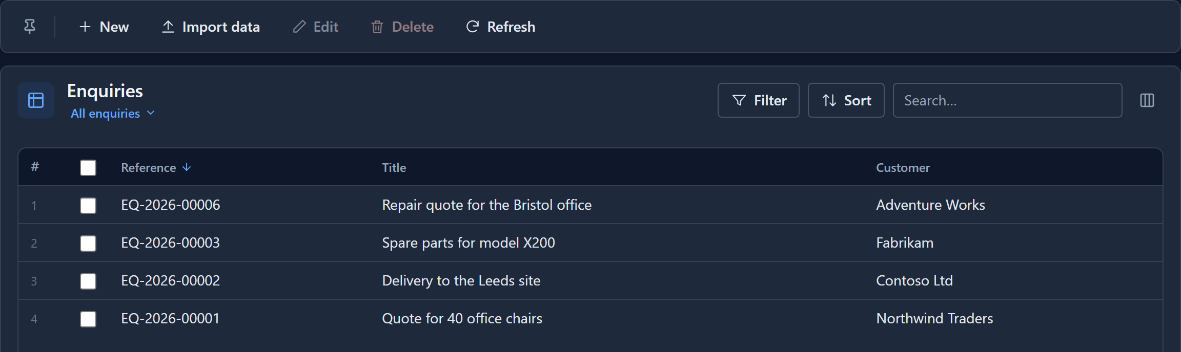 The Enquiries list: EQ-2026-00006, 00003, 00002 and 00001