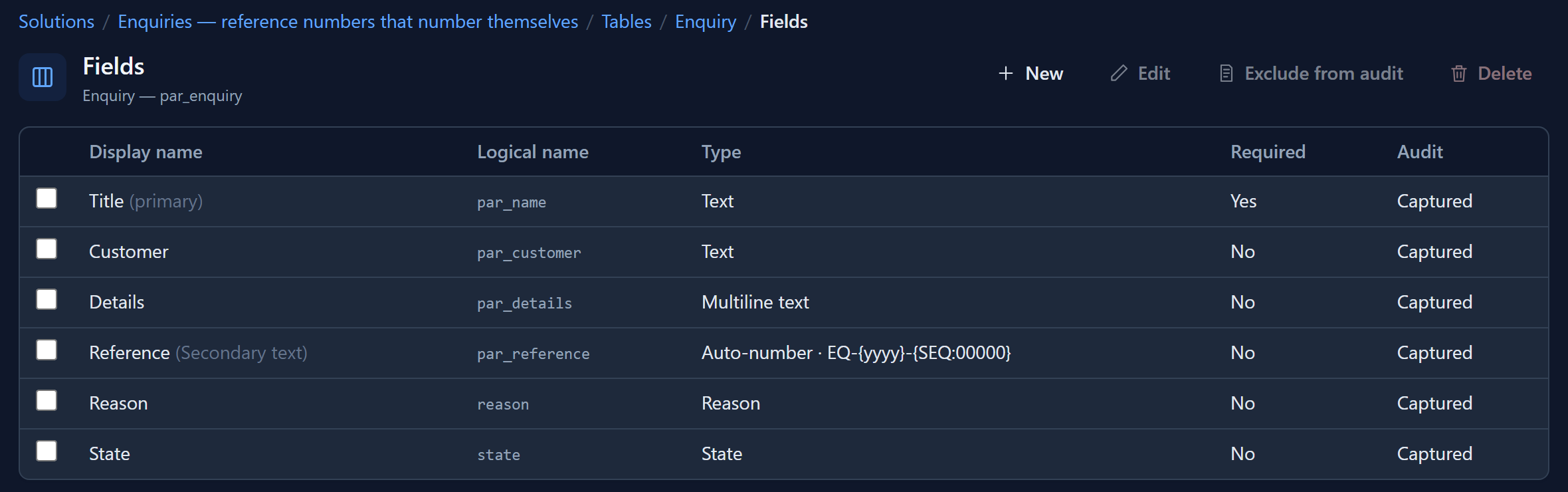 The Enquiry table's Fields, with Reference shown as Auto-number · EQ-{yyyy}-{SEQ:00000}