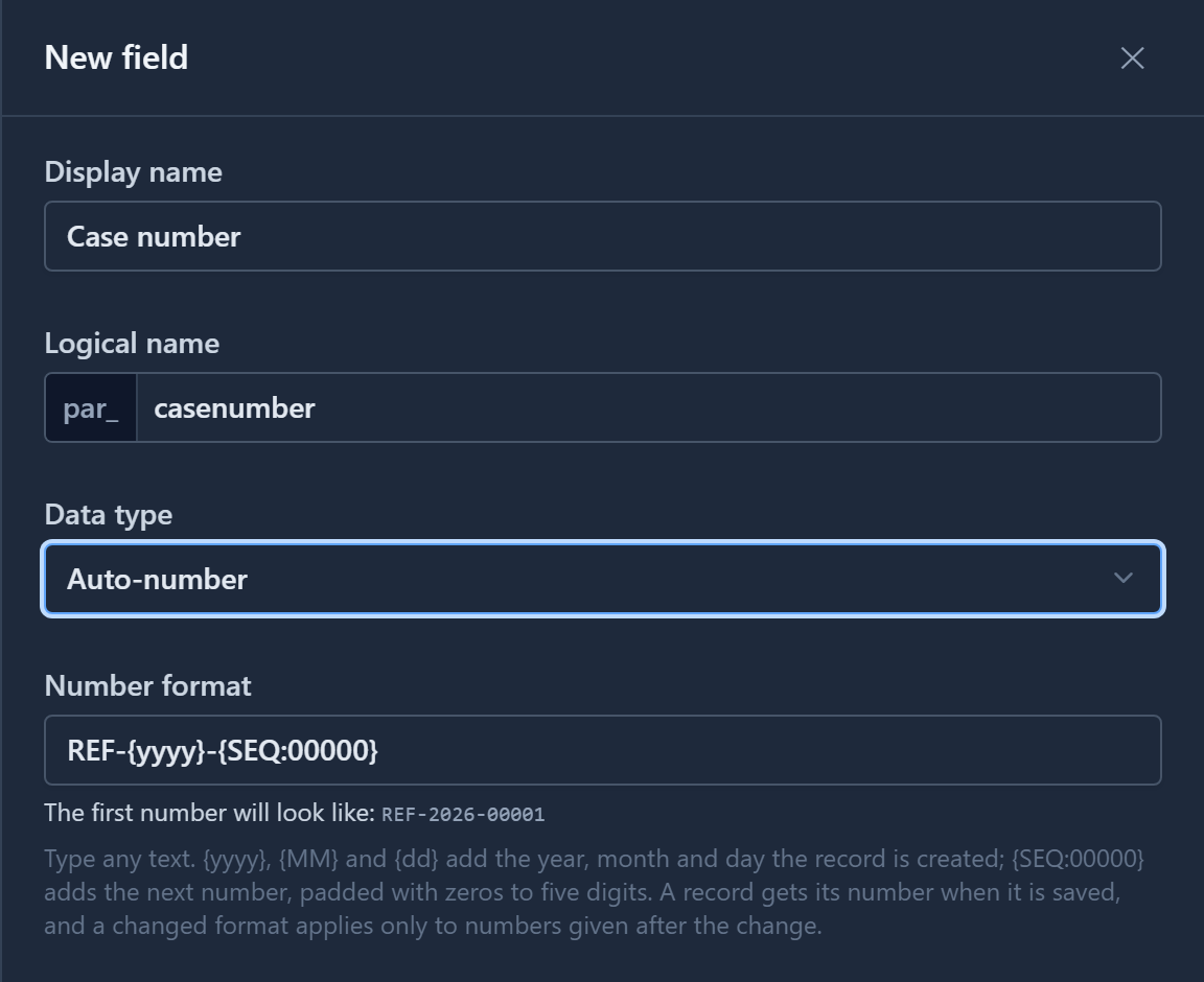 The New field drawer: data type Auto-number, Number format REF-{yyyy}-{SEQ:00000}, and The first number will look like: REF-2026-00001