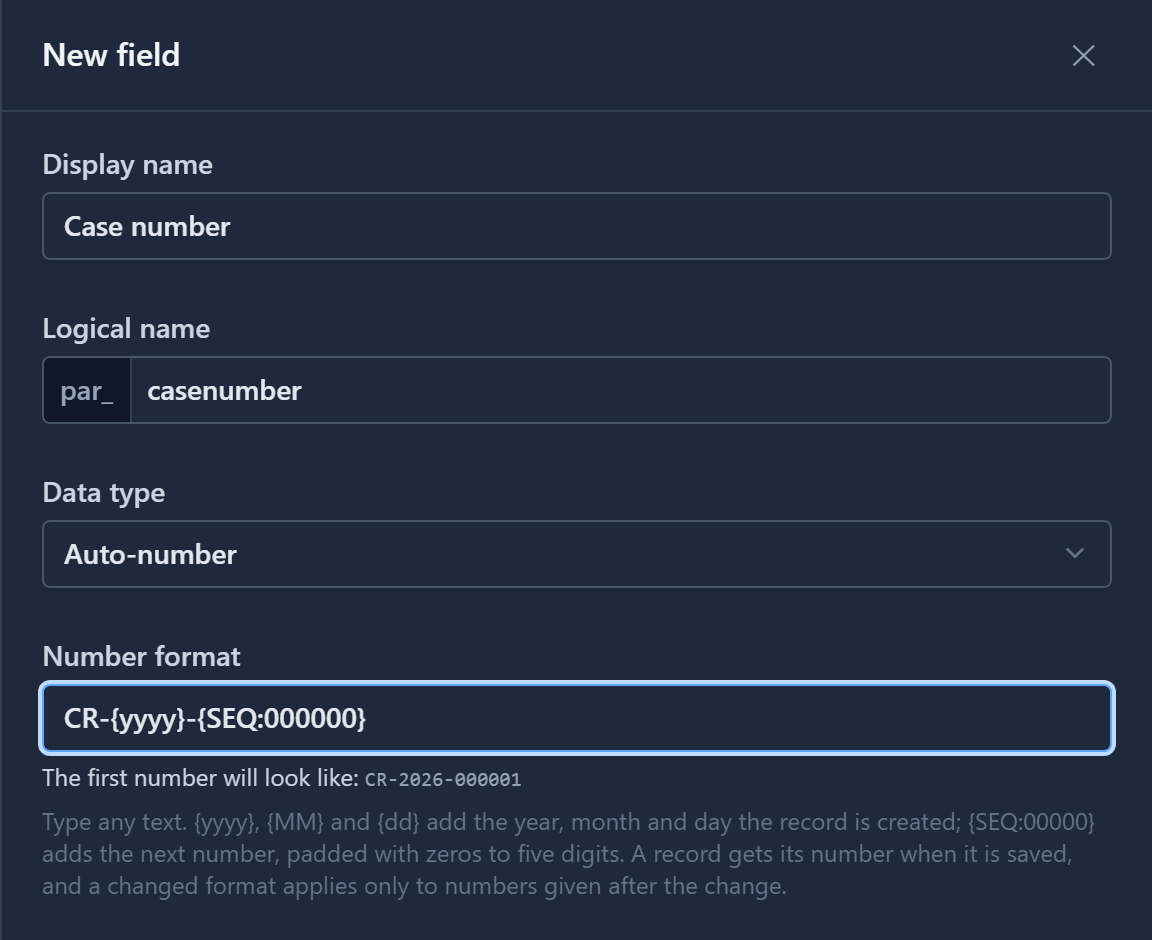 Number format CR-{yyyy}-{SEQ:000000}, and the preview CR-2026-000001