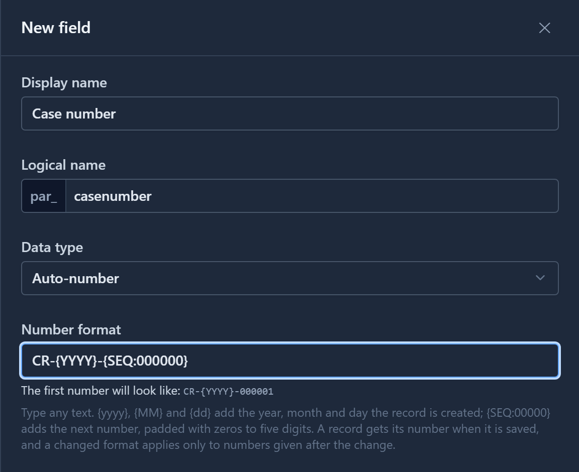 Number format CR-{YYYY}-{SEQ:000000}, and the preview CR-{YYYY}-000001