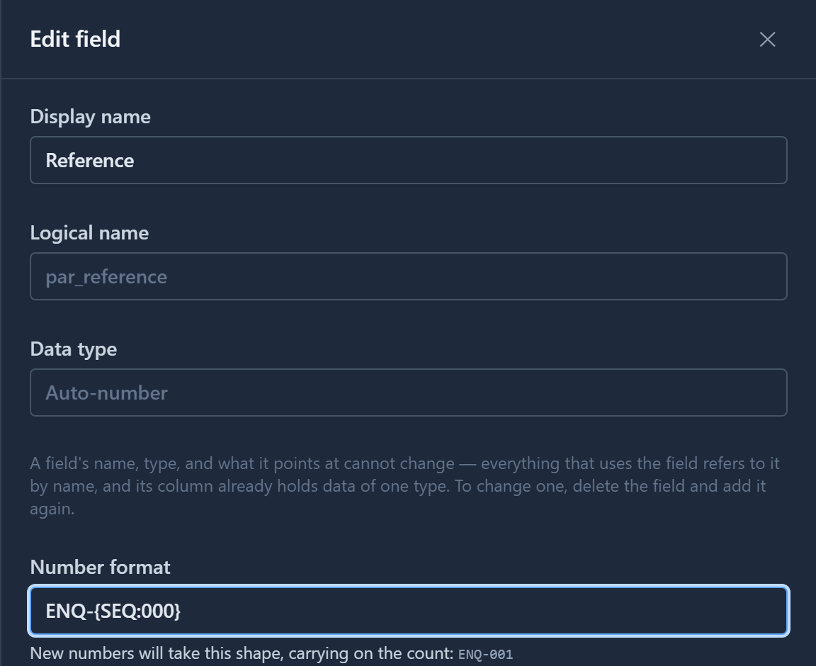 Editing Reference: Number format ENQ-{SEQ:000}, and New numbers will take this shape, carrying on the count: ENQ-001