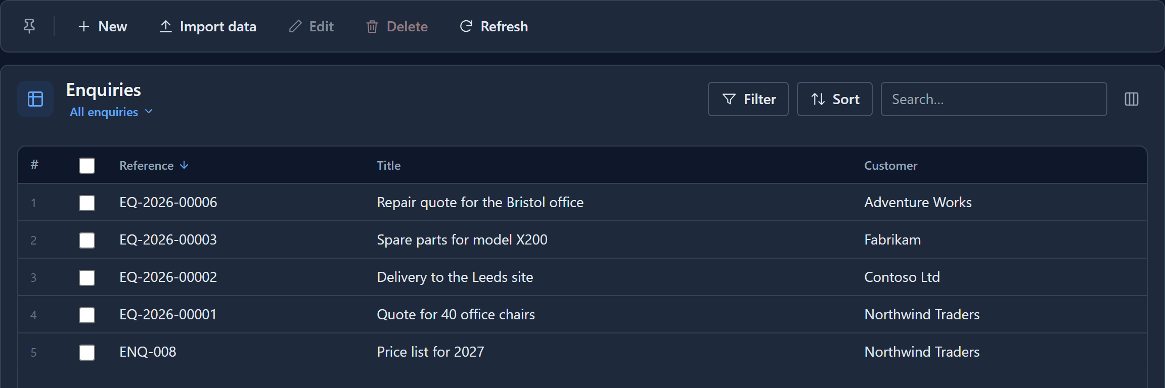 The list again: the six EQ-2026 references unchanged, and a new one, ENQ-008